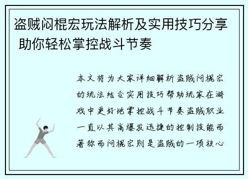 盗贼闷棍宏玩法解析及实用技巧分享 助你轻松掌控战斗节奏
